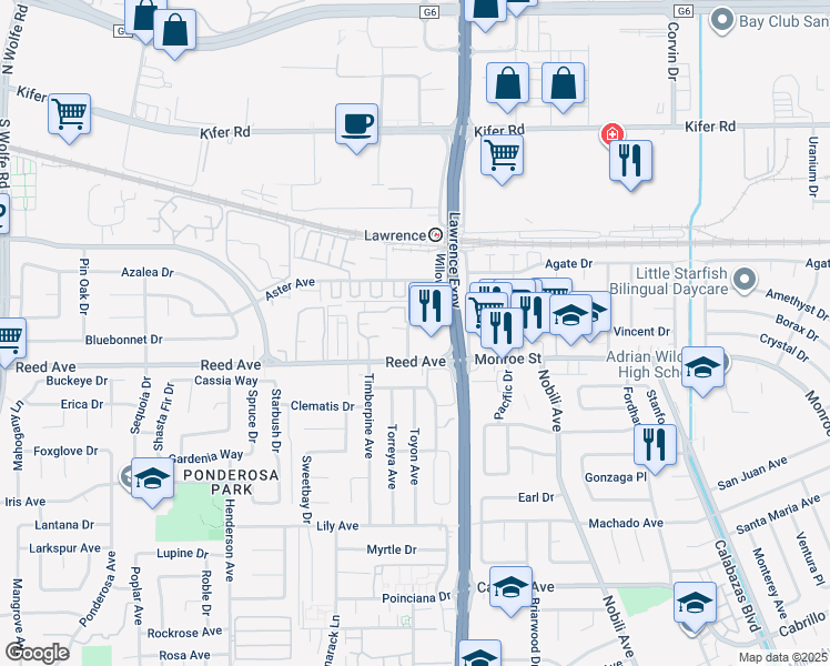 map of restaurants, bars, coffee shops, grocery stores, and more near 11558 Willow Avenue in Sunnyvale