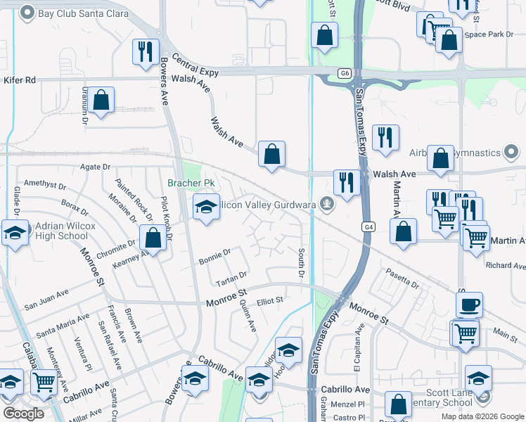 map of restaurants, bars, coffee shops, grocery stores, and more near 2540 Hawkington Court in Santa Clara