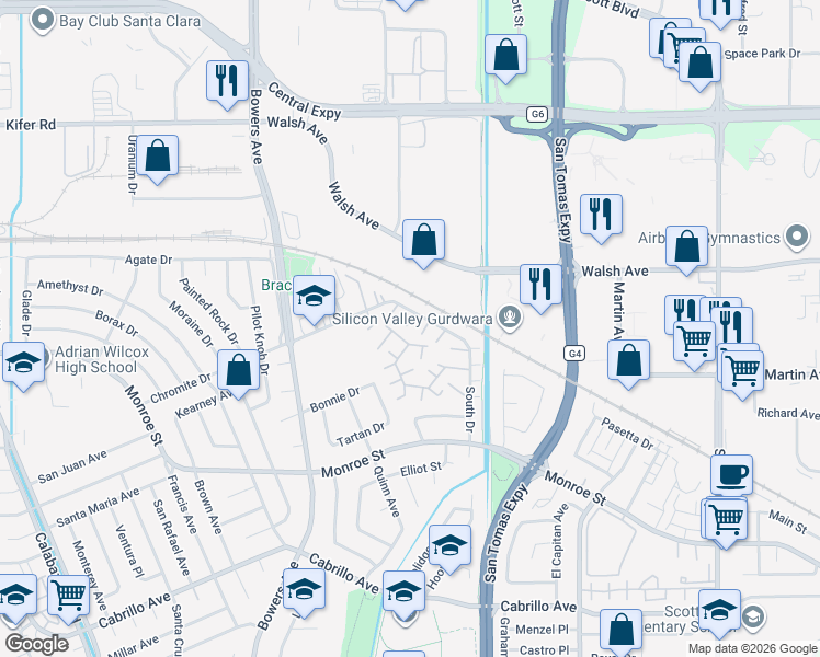map of restaurants, bars, coffee shops, grocery stores, and more near 2540 Hawkington Court in Santa Clara