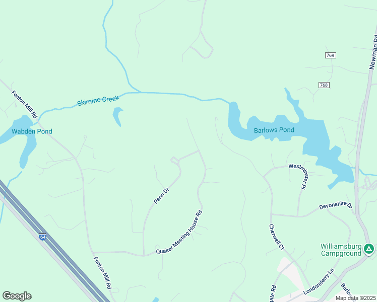 map of restaurants, bars, coffee shops, grocery stores, and more near 124 Penn Drive in Williamsburg
