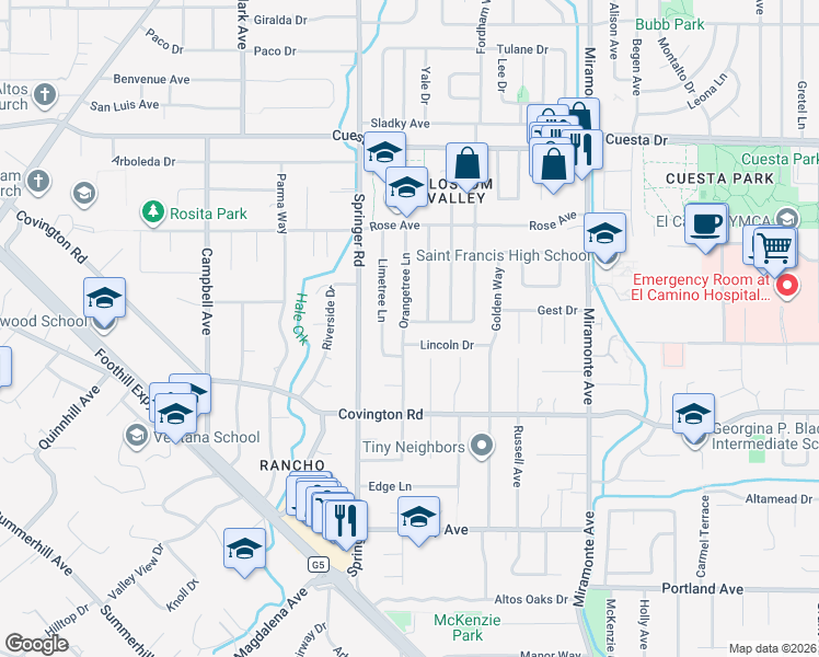 map of restaurants, bars, coffee shops, grocery stores, and more near 1961 Fordham Way in Mountain View