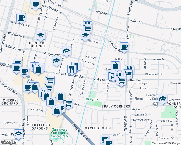 map of restaurants, bars, coffee shops, grocery stores, and more near 651 Belladonna Court in Sunnyvale