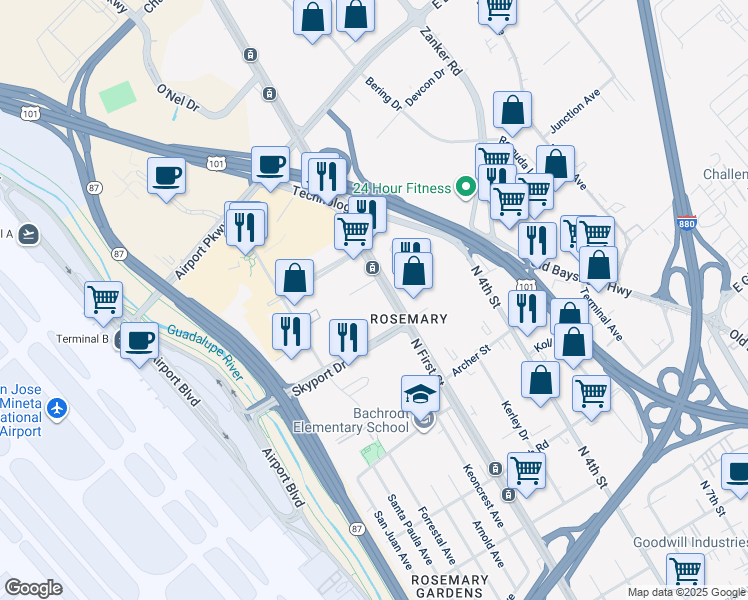 map of restaurants, bars, coffee shops, grocery stores, and more near 1733 North 1st Street in San Jose