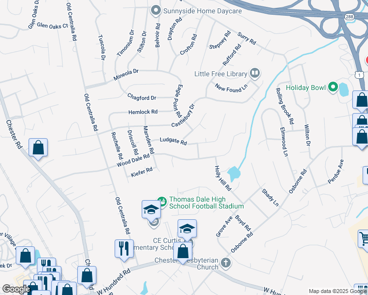 map of restaurants, bars, coffee shops, grocery stores, and more near 3419 Ludgate Road in Chester