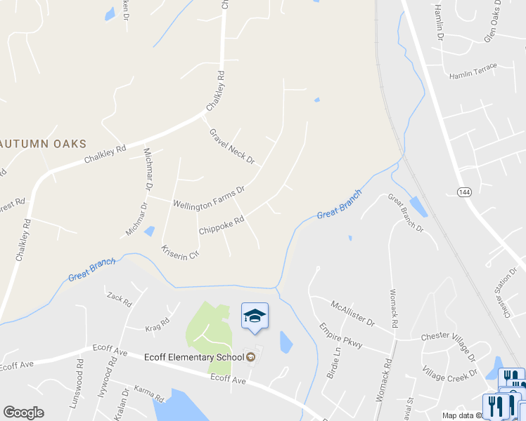 map of restaurants, bars, coffee shops, grocery stores, and more near 4701 Chippoke Road in Chester