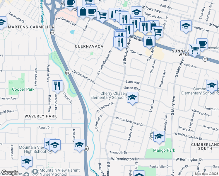 map of restaurants, bars, coffee shops, grocery stores, and more near 1234 Susan Way in Sunnyvale