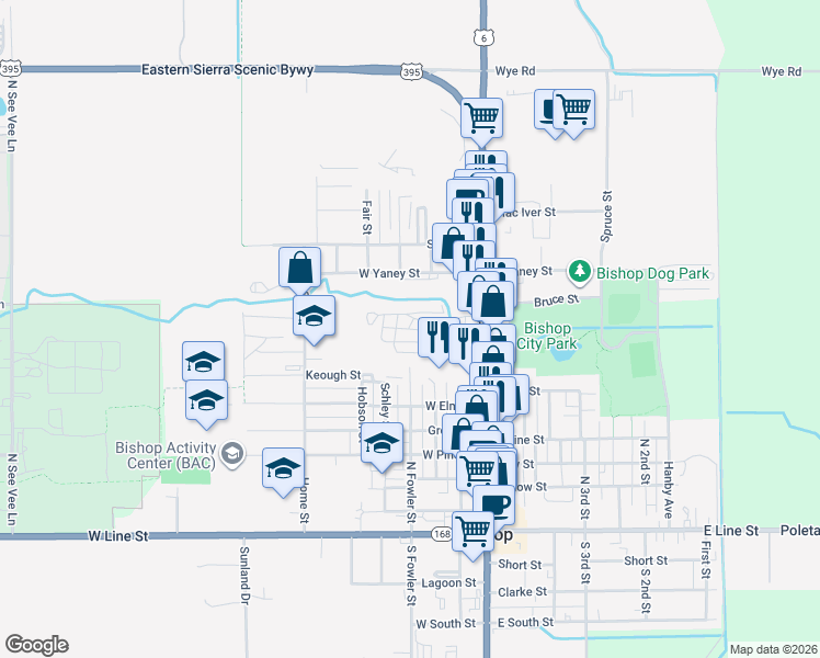 map of restaurants, bars, coffee shops, grocery stores, and more near 771 N Main St in Bishop