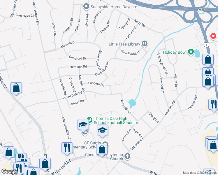 map of restaurants, bars, coffee shops, grocery stores, and more near 3401 Ludgate Road in Chester