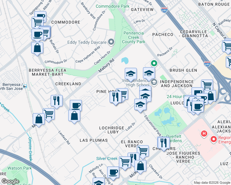 map of restaurants, bars, coffee shops, grocery stores, and more near 1740 Pine Hollow Circle in San Jose