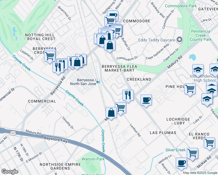map of restaurants, bars, coffee shops, grocery stores, and more near 1608 Salamoni Court in San Jose
