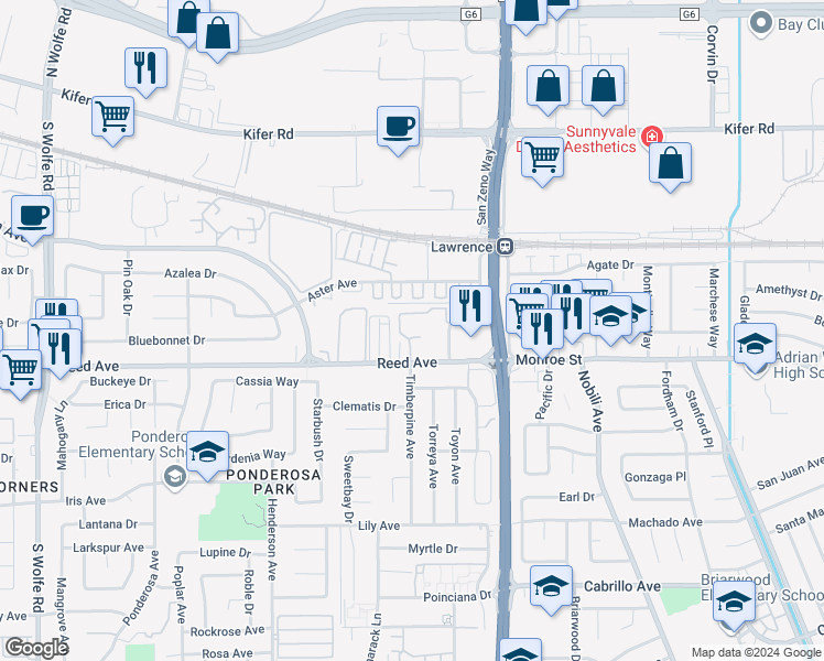 map of restaurants, bars, coffee shops, grocery stores, and more near 1117 Reed Avenue in Sunnyvale