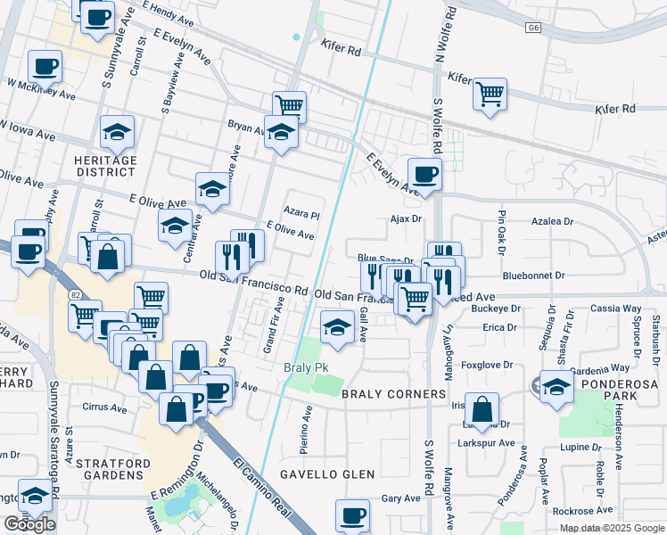 map of restaurants, bars, coffee shops, grocery stores, and more near 518 Ironwood Terrace in Sunnyvale
