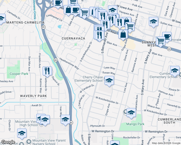 map of restaurants, bars, coffee shops, grocery stores, and more near 1234 Susan Way in Sunnyvale