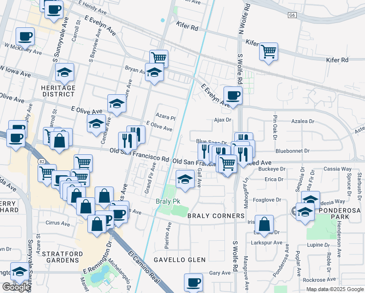 map of restaurants, bars, coffee shops, grocery stores, and more near 518 Ironwood Terrace in Sunnyvale
