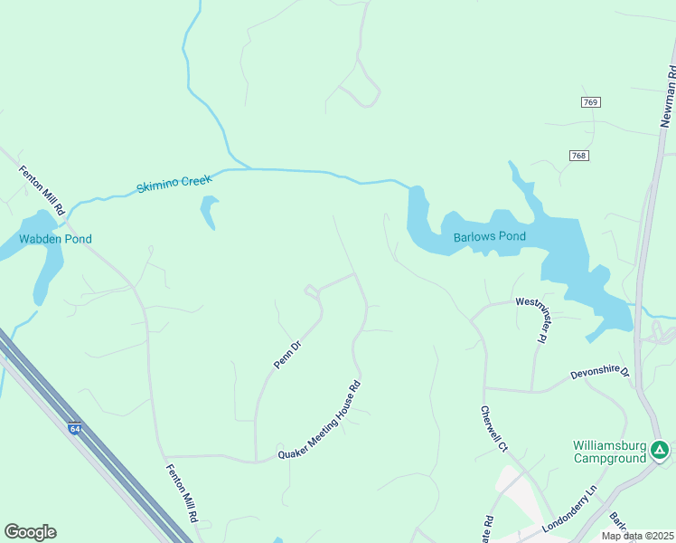 map of restaurants, bars, coffee shops, grocery stores, and more near 124 Penn Drive in Williamsburg
