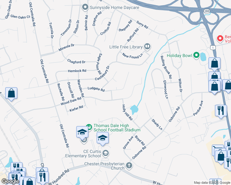 map of restaurants, bars, coffee shops, grocery stores, and more near 3319 Ludgate Road in Chester