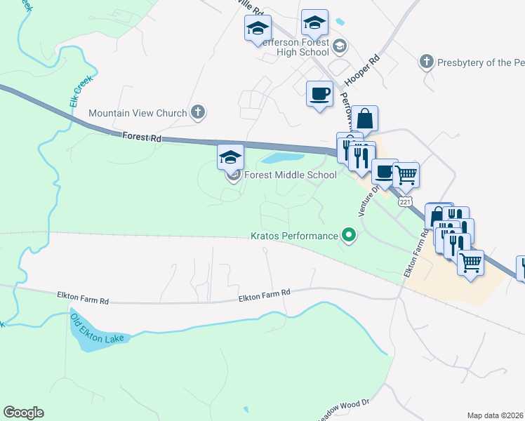 map of restaurants, bars, coffee shops, grocery stores, and more near 1095 Middle View Drive in Forest