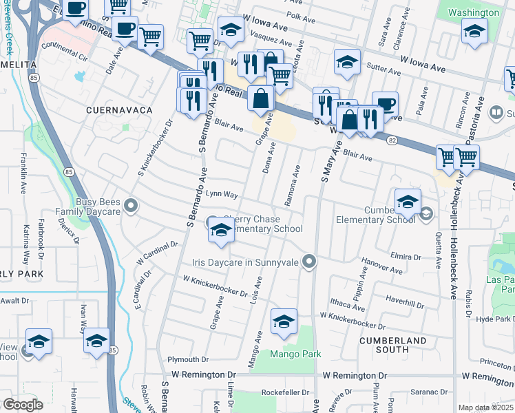 map of restaurants, bars, coffee shops, grocery stores, and more near 816 Dona Avenue in Sunnyvale