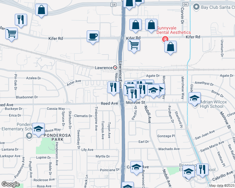 map of restaurants, bars, coffee shops, grocery stores, and more near 1170 Lawrence Expressway in Santa Clara