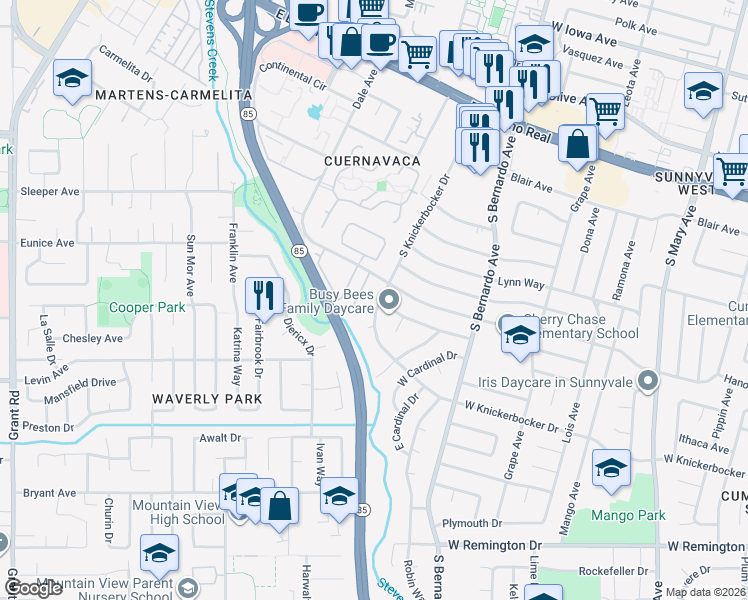 map of restaurants, bars, coffee shops, grocery stores, and more near 879 South Knickerbocker Drive in Sunnyvale