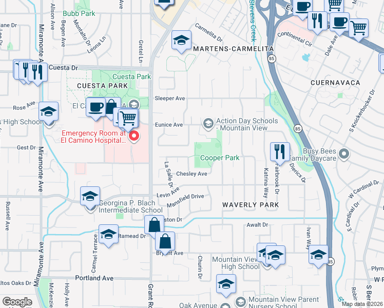 map of restaurants, bars, coffee shops, grocery stores, and more near 2615 Swanson Way in Mountain View