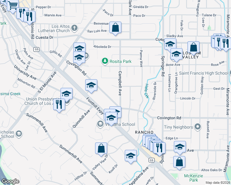 map of restaurants, bars, coffee shops, grocery stores, and more near 840 Campbell Avenue in Los Altos
