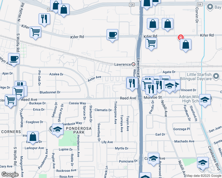 map of restaurants, bars, coffee shops, grocery stores, and more near 1091 Reed Avenue in Sunnyvale