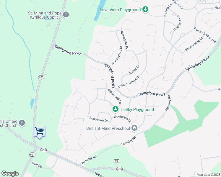 map of restaurants, bars, coffee shops, grocery stores, and more near 15107 Willow Hill Lane in Chesterfield