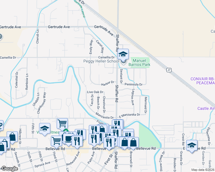 map of restaurants, bars, coffee shops, grocery stores, and more near 228 Harbor Drive in Atwater