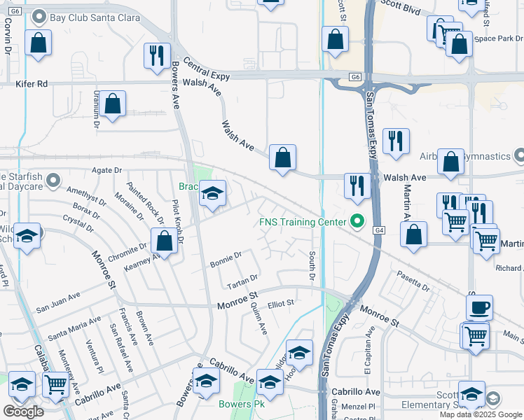 map of restaurants, bars, coffee shops, grocery stores, and more near 2611 South Park Lane in Santa Clara