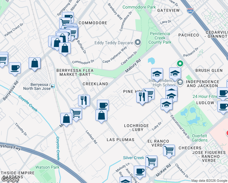 map of restaurants, bars, coffee shops, grocery stores, and more near 1901 Nevets Lane in San Jose