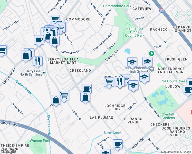 map of restaurants, bars, coffee shops, grocery stores, and more near 1901 Nevets Lane in San Jose