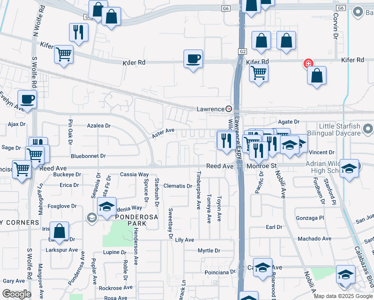 map of restaurants, bars, coffee shops, grocery stores, and more near 1042 Reed Terrace in Sunnyvale