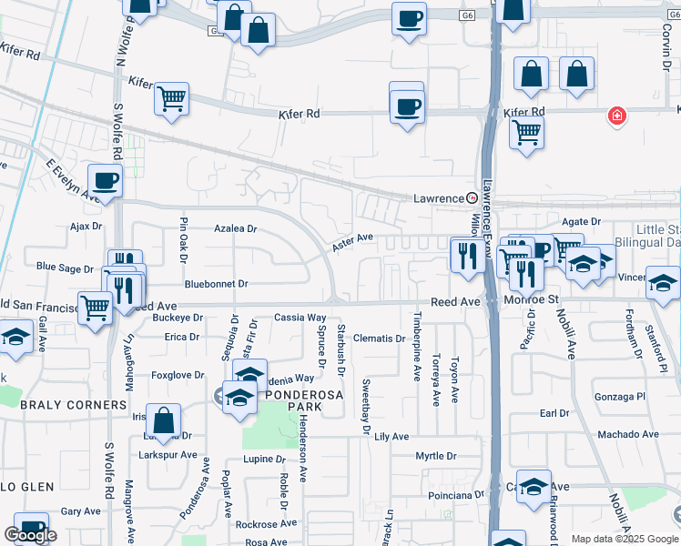 map of restaurants, bars, coffee shops, grocery stores, and more near 1056 East Evelyn Avenue in Sunnyvale
