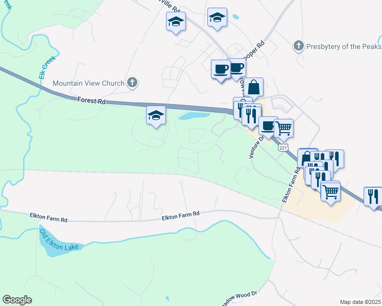 map of restaurants, bars, coffee shops, grocery stores, and more near 1032 Blue Ridge View Circle in Forest