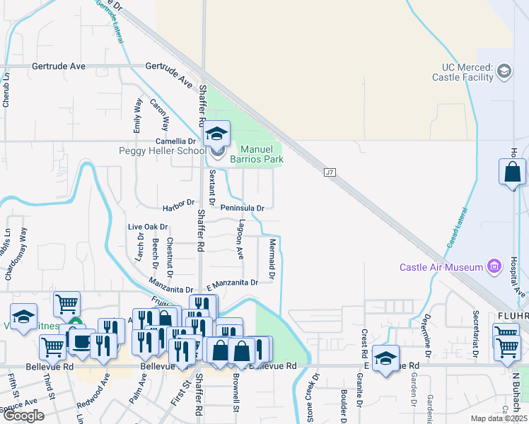 map of restaurants, bars, coffee shops, grocery stores, and more near 250 Peninsula Drive in Atwater