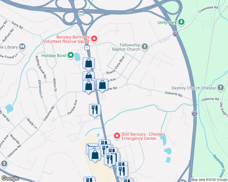 map of restaurants, bars, coffee shops, grocery stores, and more near 2459 Osborne Road in Chester