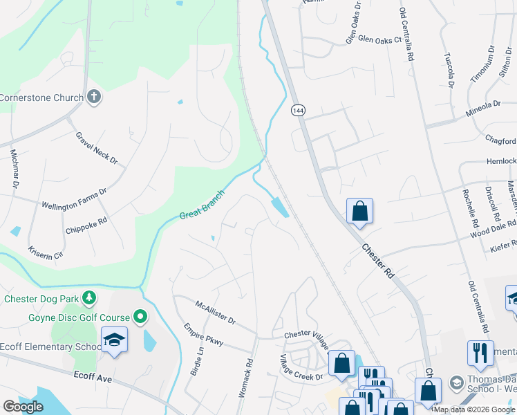 map of restaurants, bars, coffee shops, grocery stores, and more near 11337 Great Branch Drive in Chester
