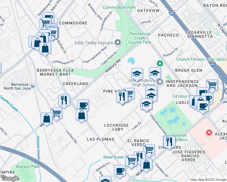 map of restaurants, bars, coffee shops, grocery stores, and more near in San Jose