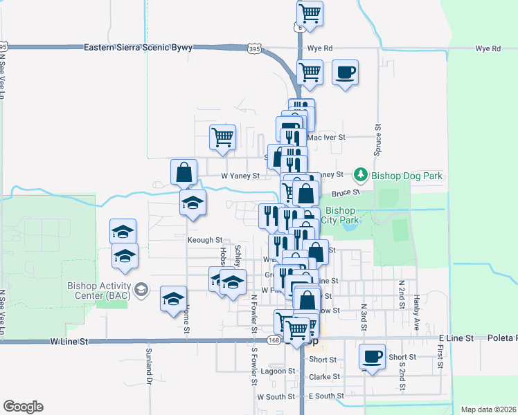 map of restaurants, bars, coffee shops, grocery stores, and more near 771 North Main Street in Bishop