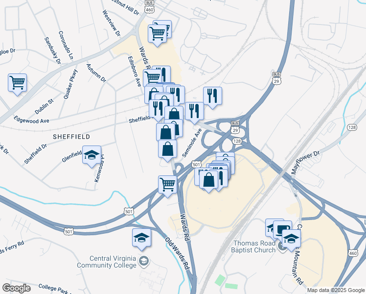 map of restaurants, bars, coffee shops, grocery stores, and more near 5645 Seminole Avenue in Lynchburg