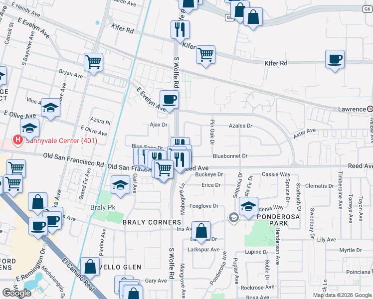 map of restaurants, bars, coffee shops, grocery stores, and more near 906 Bluebell Way in Sunnyvale