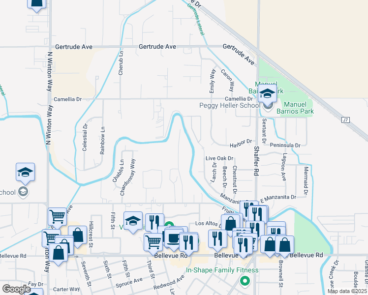 map of restaurants, bars, coffee shops, grocery stores, and more near 3216 Heather Glen Lane in Atwater