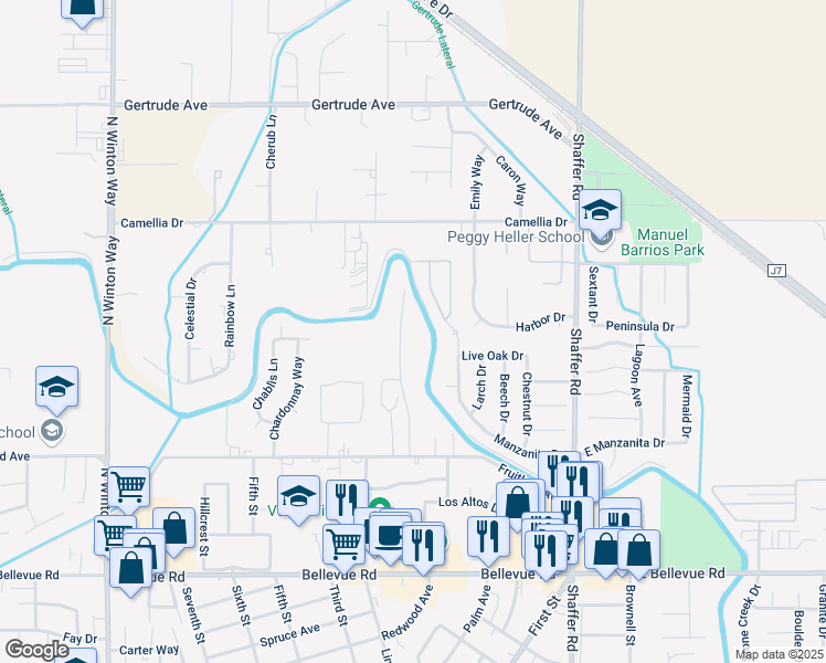 map of restaurants, bars, coffee shops, grocery stores, and more near 3216 Heather Glen Lane in Atwater