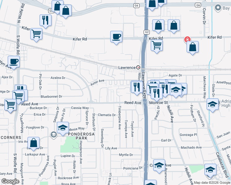 map of restaurants, bars, coffee shops, grocery stores, and more near 1042 Reed Terrace in Sunnyvale