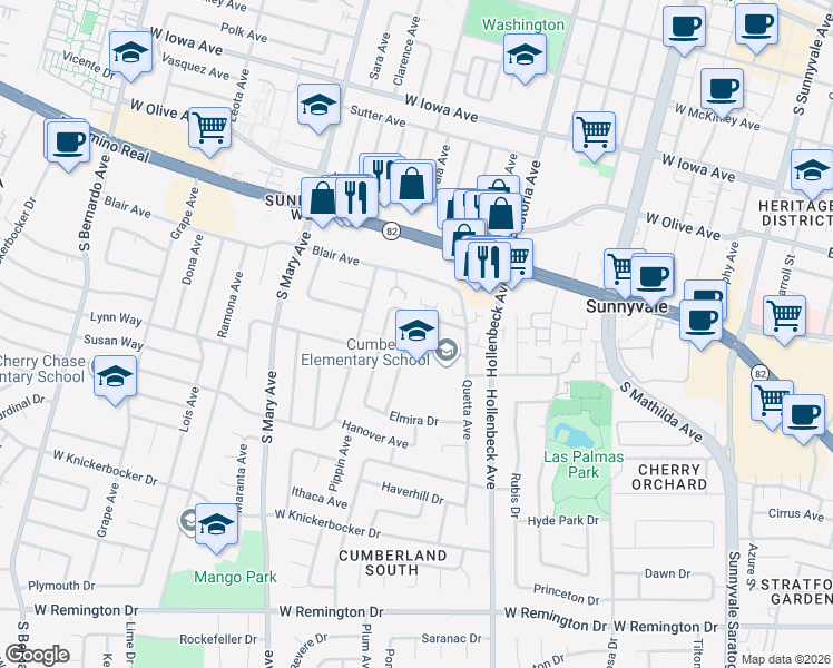 map of restaurants, bars, coffee shops, grocery stores, and more near 869 Cumberland Drive in Sunnyvale