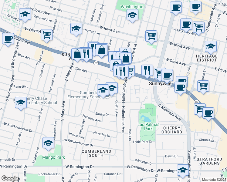 map of restaurants, bars, coffee shops, grocery stores, and more near 830 Brookline Drive in Sunnyvale