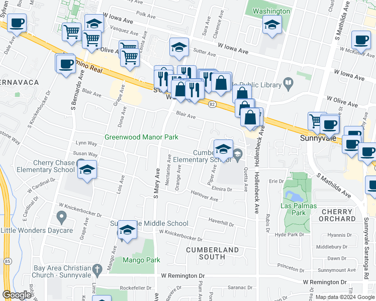 map of restaurants, bars, coffee shops, grocery stores, and more near 917 Cambridge Avenue in Sunnyvale