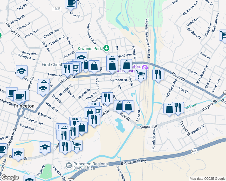 map of restaurants, bars, coffee shops, grocery stores, and more near 417 Bluefield Ave in Princeton