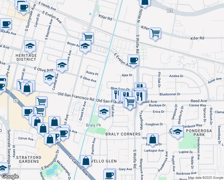 map of restaurants, bars, coffee shops, grocery stores, and more near 742 Blue Sage Drive in Sunnyvale